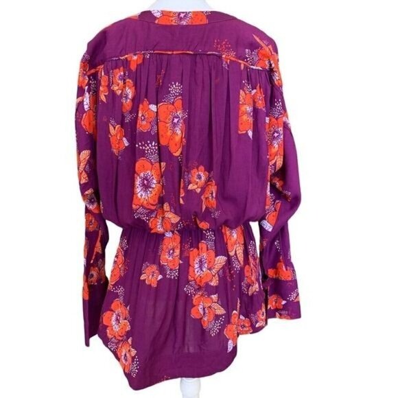 Free People Womens Top XS Tuscan Dreams Purple Orange Floral Tab Roll Sleeves - Picture 2 of 12